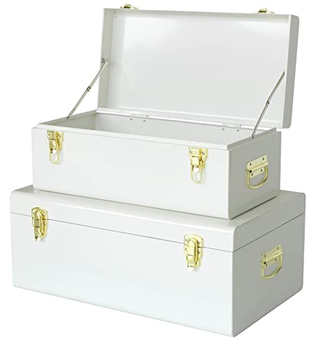 Metal Trunk Decorative Storage Box Set of 2 College Dorm Chest with Handle (White)