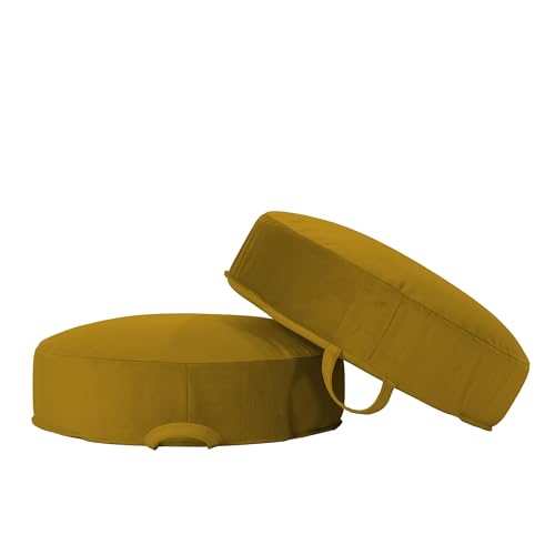 Factory Direct Partners FDP Overstuffed 16 inch Round Velvety and Vinyl Floor Cushions with Handles Flexible Seating for Home, Lounge, Yoga Studio, Deluxe Foam (2-Piece) - Dijon - color: Dijon