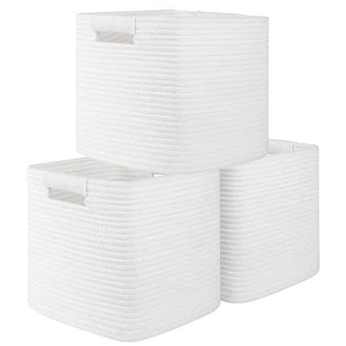 OIAHOMY Storage Cubes 11 Inch - 3 Pack, Cotton Rope Woven Baskets for Organizing, Square Storage Baskets for Shelves Organizer, Classroom, Kids Toy Bins, Closet, Baby Nursery-White - color: White