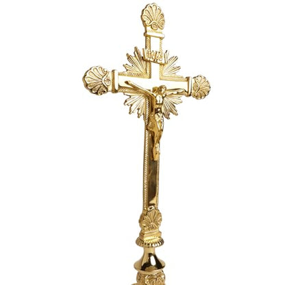 Needzo Elegant Brass Cross with Candle Holders Altar Set, Catholic Church Supplies, 16.75 Inches