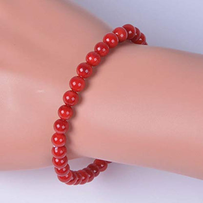 Justinstones Gem Semi Precious Gemstone 6mm Round Beads Stretch Bracelet 6.5 Inch - color: Dyed Red Coral