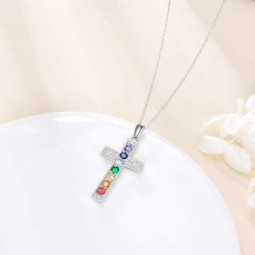 POPLYKE Chakra Necklace for Women 925 Sterling Silver Bar/Inifinity/Cross Necklace Mother Day Jewelry Gift for Women - style: cross