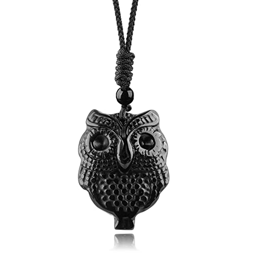 Black Obsidian Necklace Natural Crystal Amulet Protection Pendant with Adjustable Rope Lucky Talisman Necklaces Jewelry Gift for Men Women - color: Owl A