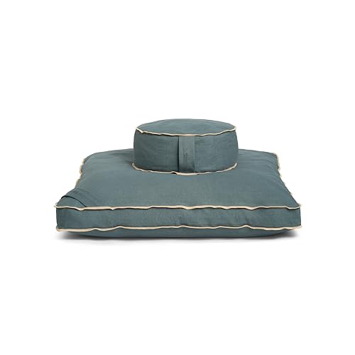 Meditation Cushion Set by renoo - Durable Comfortable Organic Cotton, Linen, Hemp - Modern Zafu Zabuton - Buckwheat Kapok Filled Floor Pillow Yoga Bolster in 15 Colors Washable Cover - color: Ocean