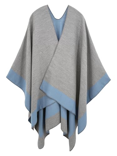 Women's Elegant Shawl Wraps, Soft Open Front Poncho Cape, Reversible Casual Cardigan Shawls for Gift Travel - color: Blue-gray