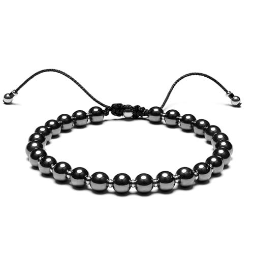 Men’s Beaded Bracelet Adjustable, Natural Texture Beads with Stainless Steel Spacers, Braided Cord, Minimal Everyday Bracelet for Men & Women - color: Gunmetal Gray 6mm