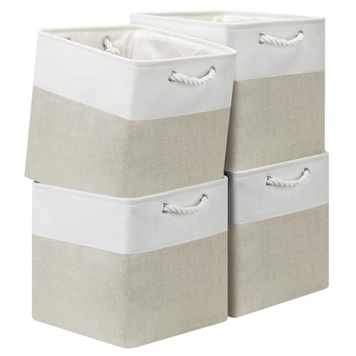 13x13 Storage Cube Bins 4Pack,Collapsible Cube Storage Organizer for Closet, Fabric Storage Box w/ Rope Handles, Foldable Storage Baskets for Shelves, Clothes,Closet Organization - White/Coffee - color: White/Coffee, size: 13×13×13/4pcs