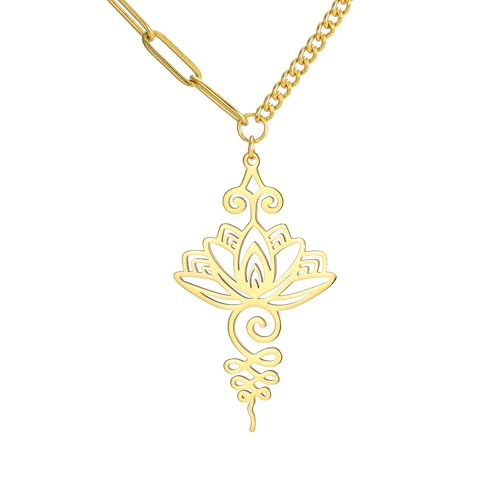 VASSAGO Buddha Lotus Necklace for Women Yoga Healing Pendant Stainless Steel Flower Necklace Buddhist Necklace Unalome Symbol Amulet Religious Jewelry - color: gold 5