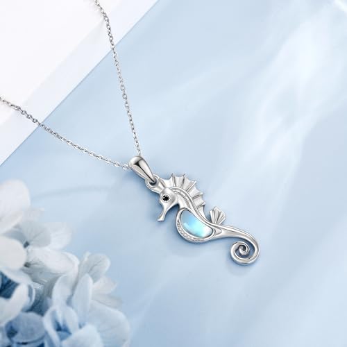 Sterling Silver Cute Animal Pendant Necklace Fox/Snake/Unicorn/Owl on Moon/Rabbit/Horse Necklace Jewelry for Women Mom Sister - style: Moonstone Seahorse
