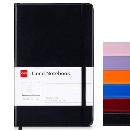 deli A5 Lined Journal Notebook, 160 Pages Hardcover Writing Notebook, 5.5"x8.2" College Ruled Notebook for Office, School, Work Notes (Black) - color: Black