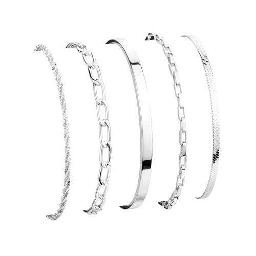 Dainty Gold Bracelet for Women Stack, Thin Bracelets Stackable Set with Bangle Cuff, Box, Herringbone, Paperclip, Figaro, Sparkling Link Chains Waterproof, Simple Jewelry Gifts for Women Non Tarnish - color: style 03-silver