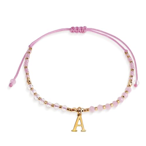 Pink Gold Beaded Natural Stone Initial Bracelets for Women Teen, Boho Handmade Personalized Gemstone Beads Letter Name Braided Rope Adjustable Bracelet Beach Bohemian Jewelry Gift - color: A
