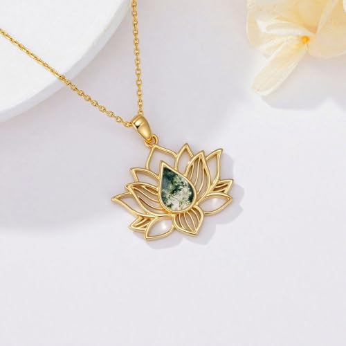 Lotus Necklaces for Women 925 Sterling Silver 7 Chakra/Yin Yang Pendant Necklace Spiritual Lotus Jewelry Birthday Yoga Gifts - style: Gold Moss Agate-Lotus