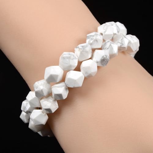 Justinstones 8mm Natural Gemstone Round Beads Triangle Faceted Charm Stretch Bracelet 6.5" - color: White Howlite