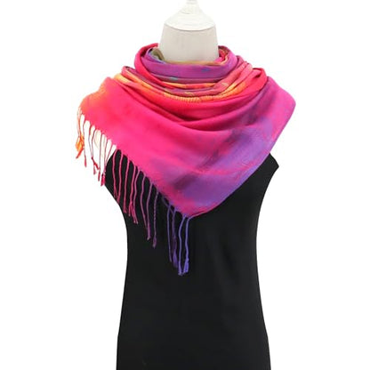 Rave Pashmina Scarf, Fashion Colorful Shawls and Wraps Soft Festival Scarves - color: B-fuchsia (Feather Pattern)