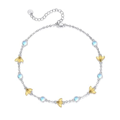 CRMAD 925 Sterling Silver Daisy/Sunflower Moonstone Anklet Daisy Flower Ankle Bracelet for Women Beach Dainty Jewelry - size: 7+2 inch, style: bee