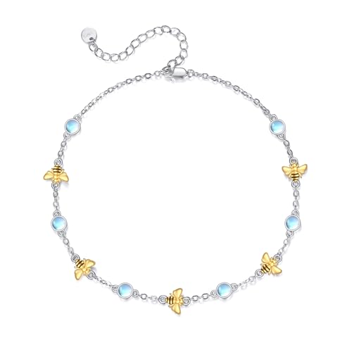 CRMAD 925 Sterling Silver Daisy/Sunflower Moonstone Anklet Daisy Flower Ankle Bracelet for Women Beach Dainty Jewelry - size: 9+2 inch, style: bee