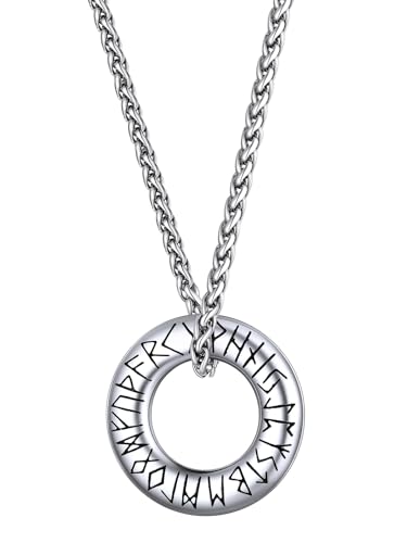 FaithHeart Norse Viking Rune Necklace with Adjustable Braided Leather/Stainless Steel Rope Chains for Men Women, Vintage Amulet Jewelry Gift with Delicate Box - color: 02. Circle Style 2-Silver