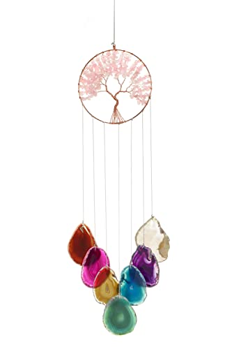 Yoption Rose Quartz Tree of Life Memorial Wind Chime, Natural Crystal Agate Slices Windchimes for Indoor Outdoor Decoration Ornament, 15.7-17.7 inch - color: Rose Quartz