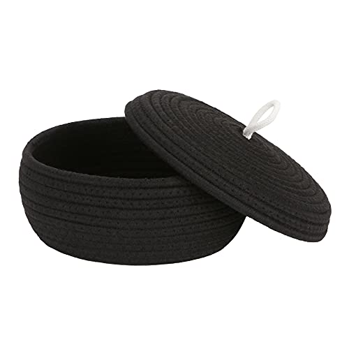 Sea Team Round Cotton Rope Storage Basket with Lid, Decorative Woven Storage Bin, Pot, Caddy, Organizer, Container for Snacks, Towels, Plants, 10 x 4.5 Inches (Small, Shallow, Black) - color: Black, size: Small/Shallow