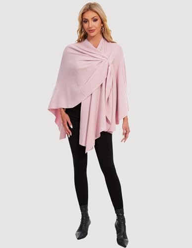 PULI Womens Elegant Cross Front Shawl Wraps Knitted Ponchos Cape Light Weight Poncho Sweater Soft Warm Travel Wraps - color: Pink