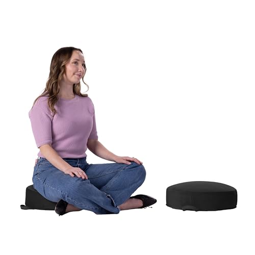 Factory Direct Partners FDP Overstuffed 16 inch Round Velvety and Vinyl Floor Cushions with Handles Flexible Seating for Home, Lounge, Yoga Studio, Deluxe Foam (2-Piece) - Onyx - color: Onyx
