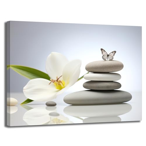 GLOKAKA Zen Stone Canvas Wall Art Spa Stone with White Flower and Butterfly Picture Bathroom Wall Art Modern Spa Artwork for Spiritual Yoga Room Bedroom Picture Wall Decor - color: Zen Stone 04, size: 36"L x 24"W