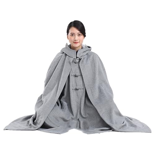Meditation Buddhist Hooded Cloak Coat,Winter Thickened Plus Velvet Long Monk Monk Master Meditation Cloak Meditation - color: Light Gray, size: Medium