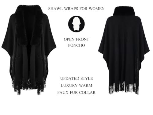 Ferand Shawl Wraps for Women, Cozy Lightweight Poncho Cape with Pockets, Warm for Fall Winter Travel - color: Black With Faux Fur Collar