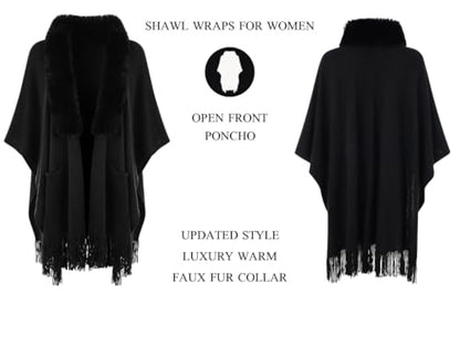 Ferand Shawl Wraps for Women, Cozy Lightweight Poncho Cape with Pockets, Warm for Fall Winter Travel - color: Black With Faux Fur Collar