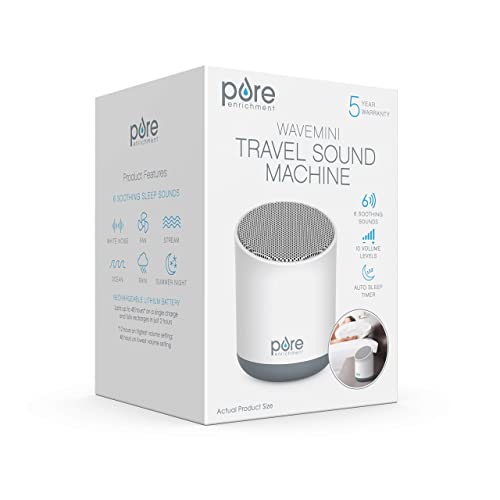 Pure Enrichment Wave Mini Travel Sound Machine - 6 Soothing Sounds Including White Noise, Seamless Loop Audio, Rechargeable Battery, 48 Hour Run Time, Optional Timer, and Storage Bag - color: White