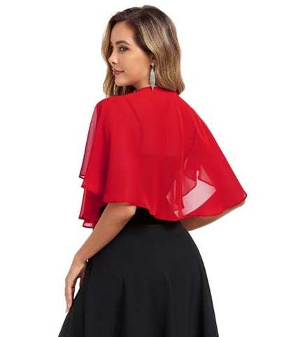 TONGFANTFL Women's Soft Chiffon Capelets Shawls and Wraps for Evening Wedding Cape Bole Cover Up - color: Red