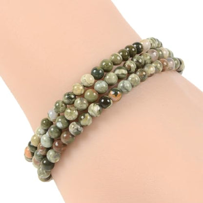 Justinstones Gem Semi Precious Gemstone 3pcs 4mm Round Beads Stretch Bracelet 6.5 Inch Unisex - color: Rhyolite Jasper