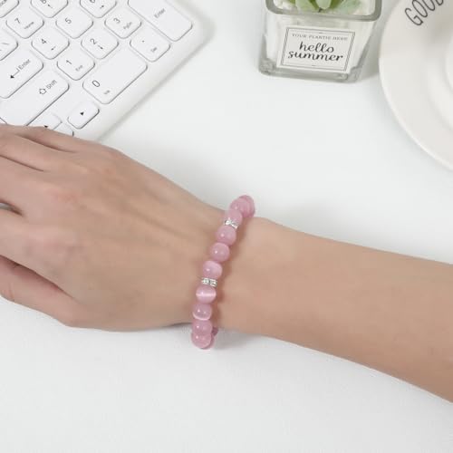 Healing Bracelet For Women Anxiety Crystal Bracelet Chakra Beaded Bracelets Rose Quartz Crystals And Healing Stones Yoga Bead Bracelet Calming Stretch Bracelet Stress Relief Gifts For Women - color: Pink-Cat Eye