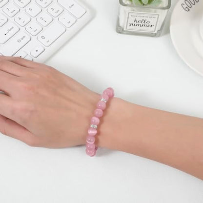 Healing Bracelet For Women Anxiety Crystal Bracelet Chakra Beaded Bracelets Rose Quartz Crystals And Healing Stones Yoga Bead Bracelet Calming Stretch Bracelet Stress Relief Gifts For Women - color: Pink-Cat Eye
