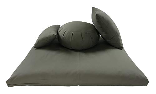 Buckwheat Zafu, Zabuton and Support Meditation Cushions Set (4Pc) - color: Olive