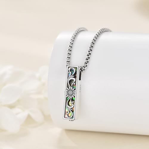 Cremation Urn Necklaces for Ashes Sterling Silver 3D Vertical Bar Memorial Pendant for Loved Ones Keepsake Cremation Jewelry Gifts for Women Men - style: Sunflower