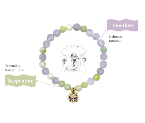 Birth Flower Crystal Bracelets for Women, Handmade Natural Gemstone Stretch Jewelry with Healing & Positive Energy - color: Sept. Aster & Amethyst