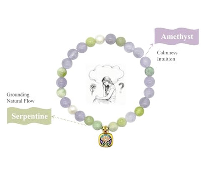 Birth Flower Crystal Bracelets for Women, Handmade Natural Gemstone Stretch Jewelry with Healing & Positive Energy - color: Sept. Aster & Amethyst