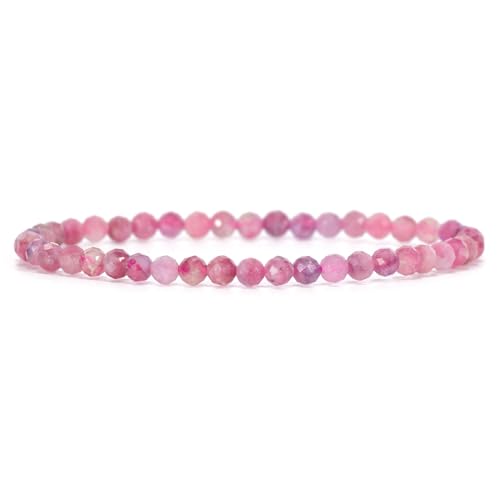 Angelstones Natural Gemstone Small Beaded Stretch Bracelet, 4mm Faceted Round Beads, Crystal Healing Bracelet for Women - color: Pink Tourmaline