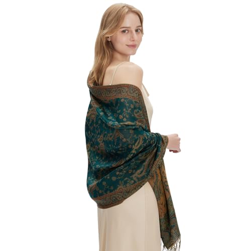 zero season Boho Paisley Pashmina Shawl Wrap Lightweight Scarf for Women, Silky Feel Bohemian Wrap for Travel & Daily Wear - color: Emerald Green