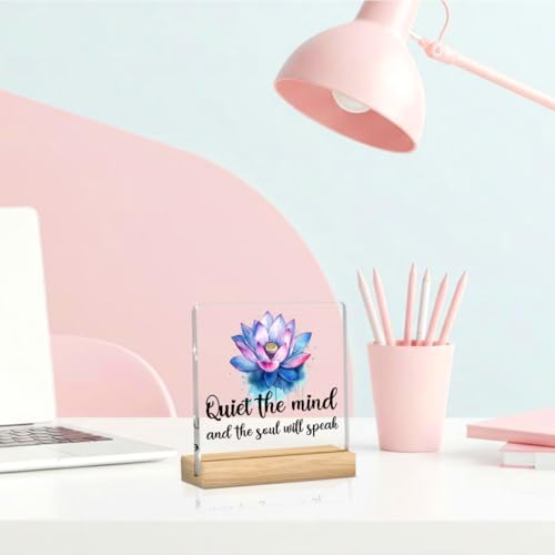 Meditation Quotes Decoration, Yoga Pilates Sayings, Lotus Flower Decor, Zen Decoration, Gifts for Inspirational Women, Acrylic Sign With Wooden Stand for Home Farmhouse Office 4 x 4 Inches