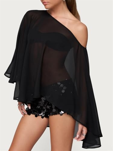 Women Chiffon Cape Shawls and Warps for Evening Dress Wedding Sheer Mesh Flowy Capelets Top - color: A-black, size: Small