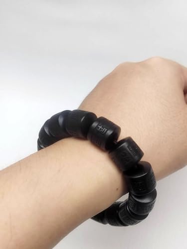 Wooden Beads Bracelet Lightning Struck Jujube Wood Black Bead Engraved with Sanskrit Words Mala Prayer Feng Shui Lucky for Women Men (Black, 16mm)