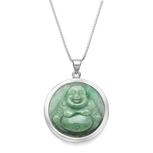 Natural Green Jade Laughing Buddha Pendant Necklace in Sterling Silver, 18" Box Inches Chain, Fashion Jewelry for Women, Gift Box Included