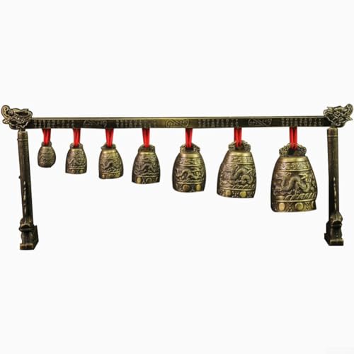 Antique Chinese Percussion Chime Instrument, Chinese Musical Bronze Meditation Percussion instrument with 7 Decorated Bell for Home or Office Decoration and Gift-