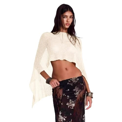 Women Sheer Poncho Top Summer Knit See Through Shrug Sweater Shawl Wrap Beach Cover Up KCSST001 - color: Beige