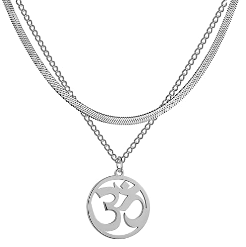 UNIFT Necklace For Women- Aum Om Ohm Sanskrit Symbol Round Pendant Beaded Double Layer Chain Charm Necklace,Hinduism Yoga Sanskrit Personalized Amulet Dainty Pendant Necklace Jewelry - color: snake bone chain - silver