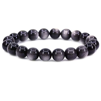 Keleny Fashion Crystal Man Women Stretch Bracelet 10mm Round Beads Rock Jasper 7 Inch Unisex - color: AA Grade Silvery Obsidian