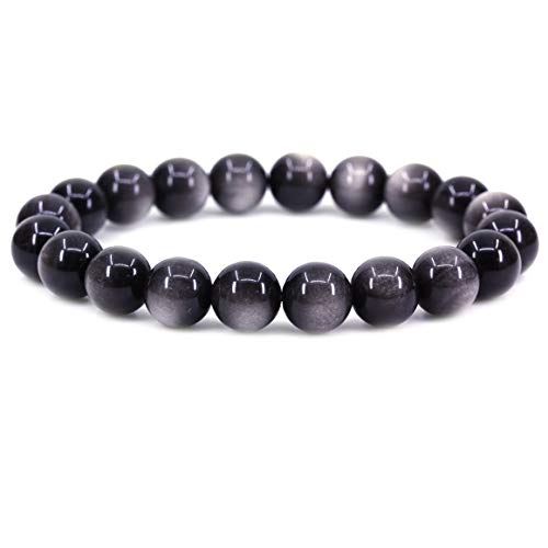 Keleny Fashion Crystal Man Women Stretch Bracelet 10mm Round Beads Rock Jasper 7 Inch Unisex - color: AA Grade Silvery Obsidian